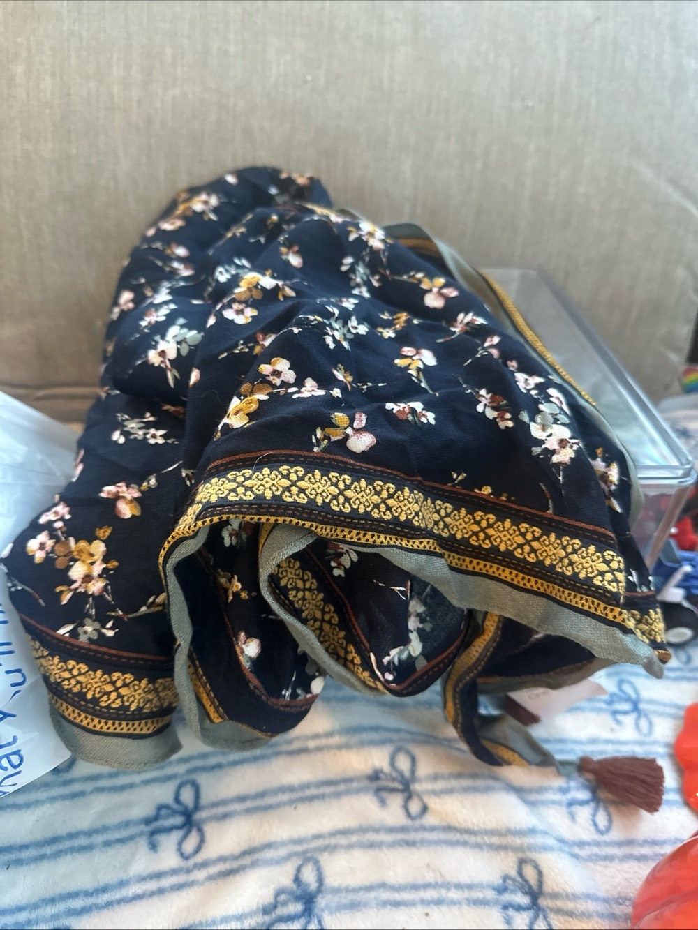 J.Jill navy floral rectangular tassel scarf, NWT